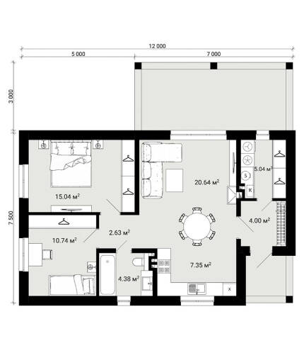 Планировка одноэтажного дома GH-03 — 75 м², размеры 12×7,5 м, две спальни и терраса